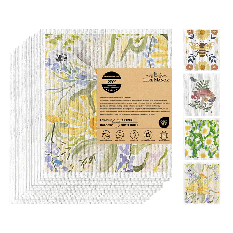 Torchons suédois pour cuisine, série petite abeille et fleur, paquet de 4/8/12 chiffons réutilisable