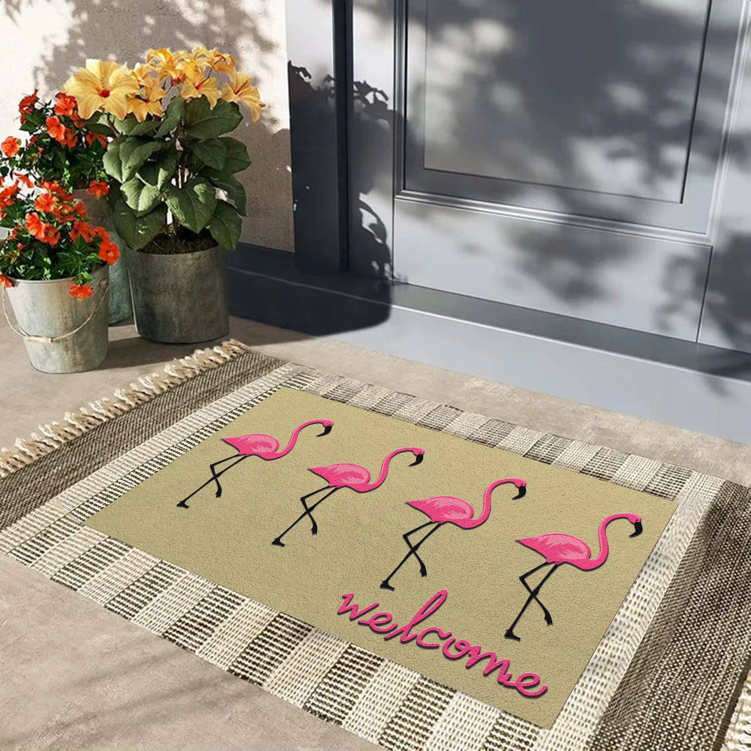 Tapis de porte de bienvenue avec flamants roses, paillasson en caoutchouc, entrée amusante, tapis de