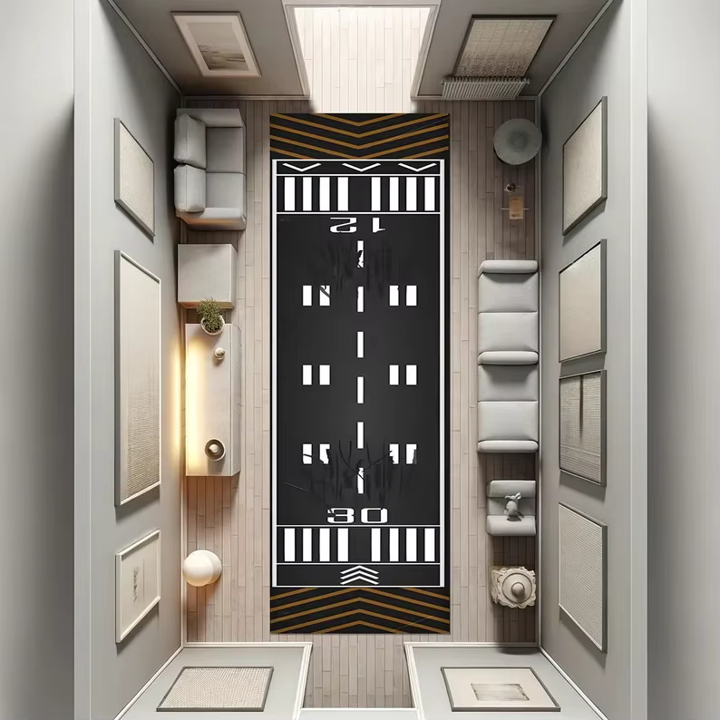 Tapis de sol antidérapant pour avion, vue aérienne, style rétro noir, tapis stéréo, design console v