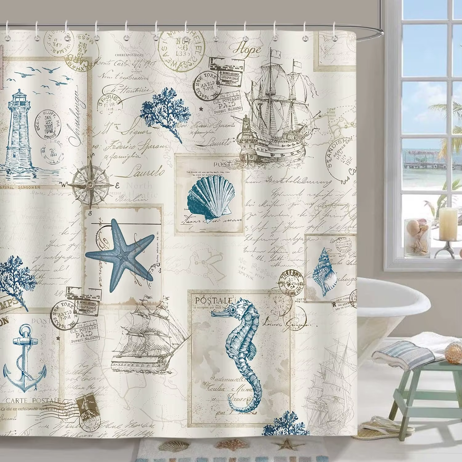 Rideau de douche de voile de phare d'ancre nautique moderne 180x200 cm rideau de douche en polyester