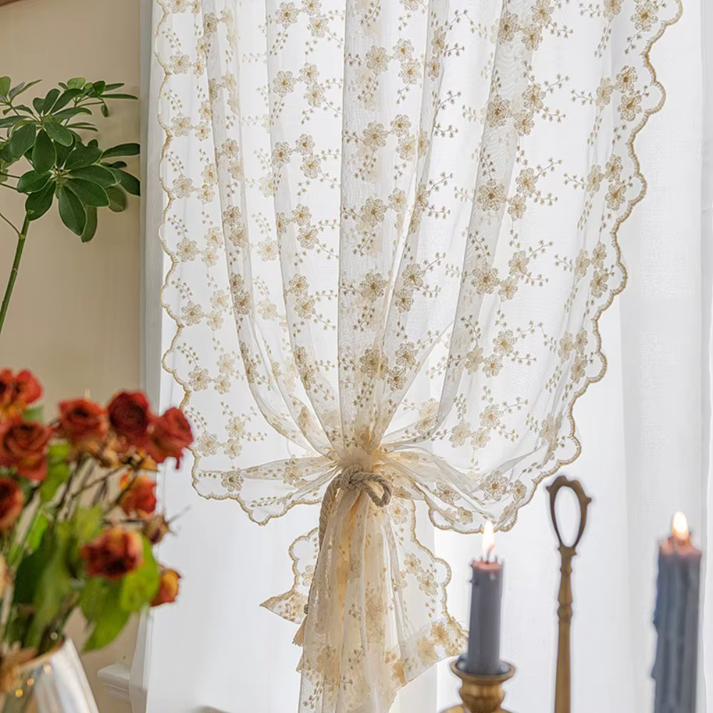 Rideaux en dentelle française brodés de fleurs romantiques, voilage beige en tulle, style pastoral v