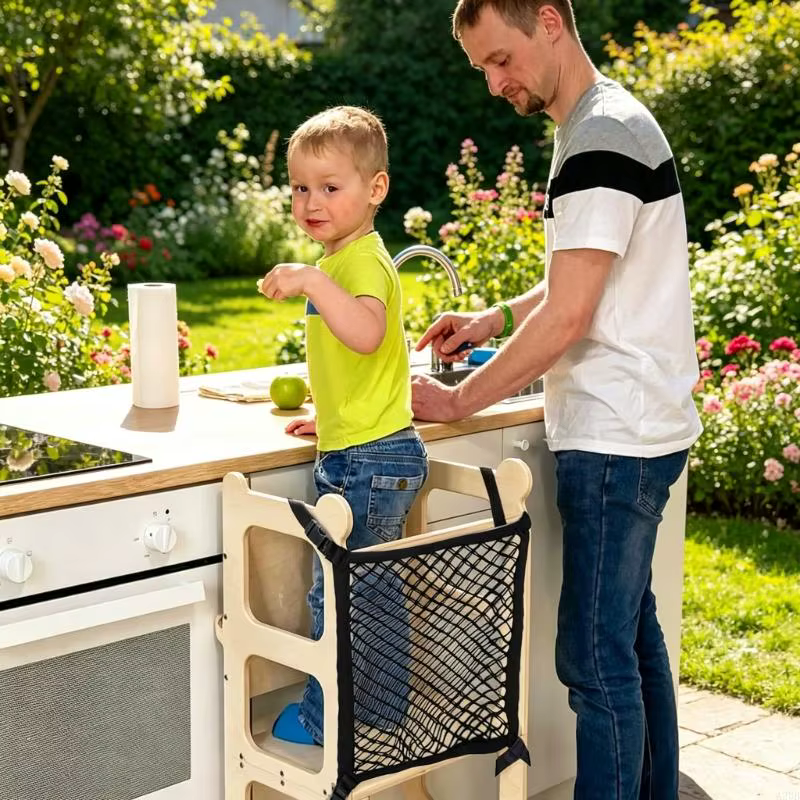 Barrière pour bébé, sécurité à deux couches pour tabouret cuisine, mettant en évidence les attaches
