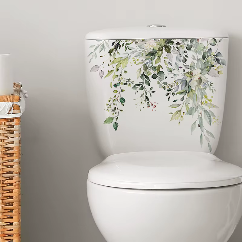 Autocollant mural auto-adhésif Feuilles de plantes vertes pour la décoration de salle de bain, toile