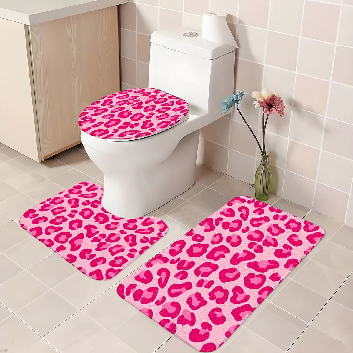 Ensemble de trois pièces de salle de bain imprimé léopard rose, tapis de toilette + tapis de sol de 