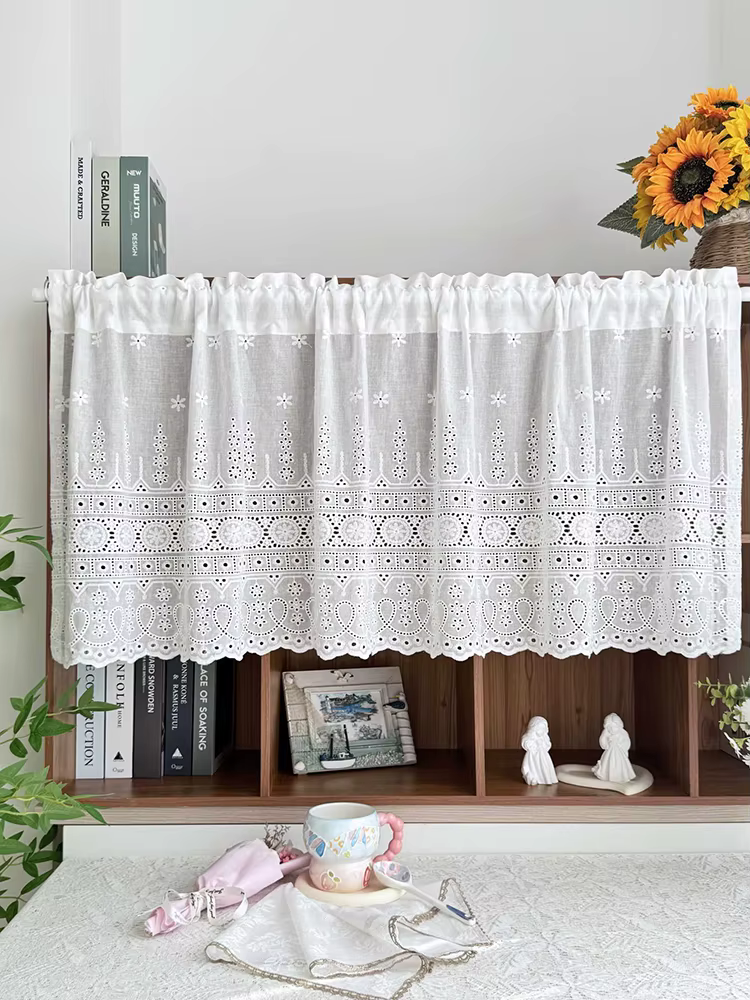 Rideau court brodé de fleurs évidées pour armoires de cuisine, style européen, simple et exquis, bla