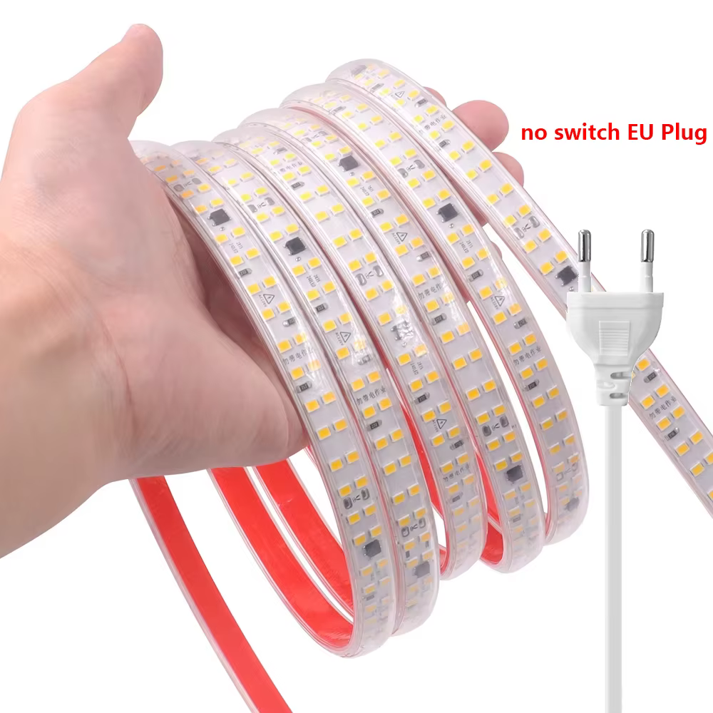 Bande lumineuse LED AC 220V 240 LED/M avec interrupteur, kit d'alimentation UE, ruban étanche 3000K
