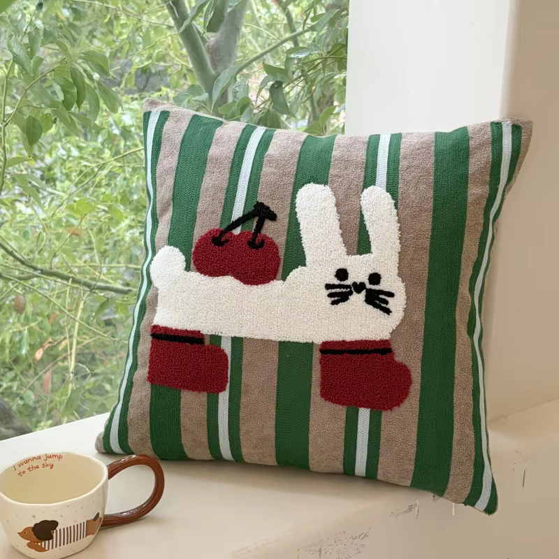 Ins – housse de coussin brodée à rayures vertes, taie d'oreiller carrée de dessin animé mignon, déco