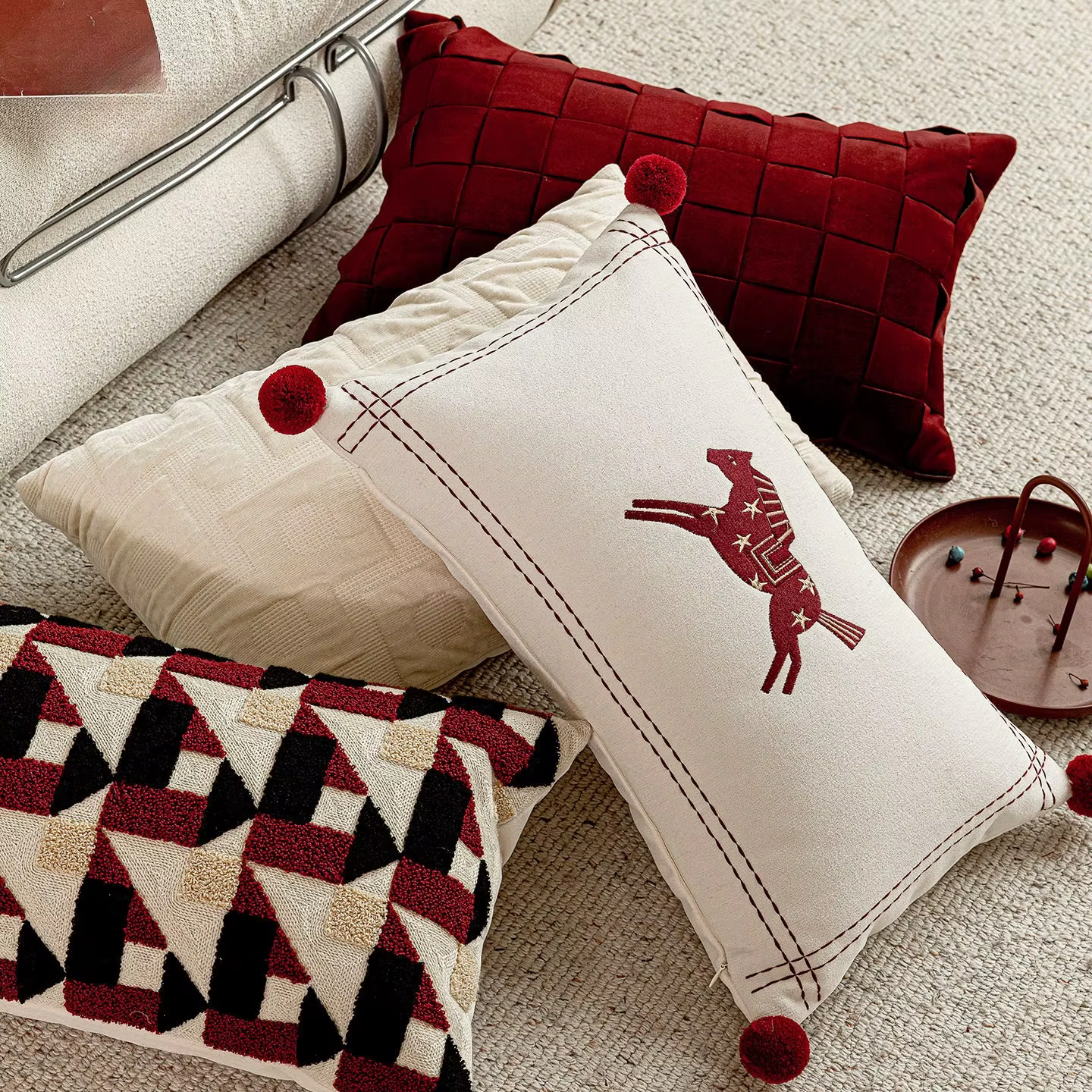 Housse de coussin lombaire de luxe premium rouge bordeaux