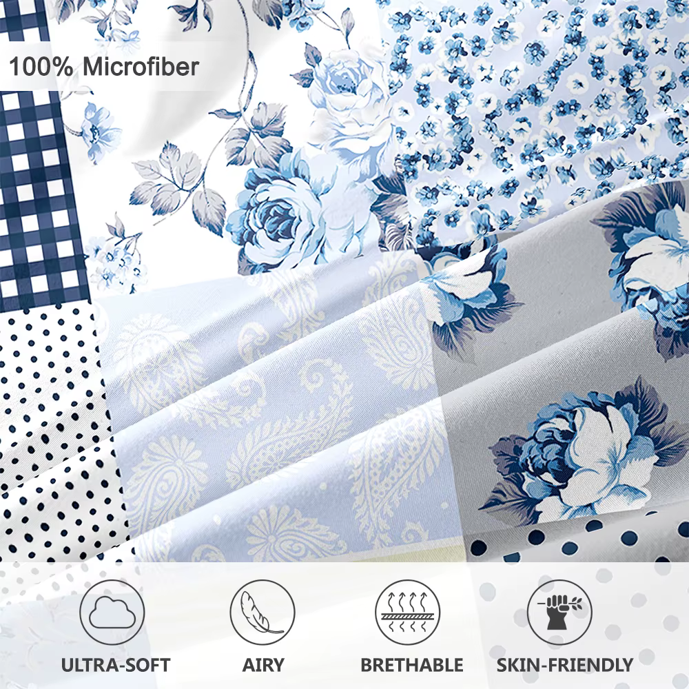Ensemble de literie floral patchwork bleu frais 3 pièces
