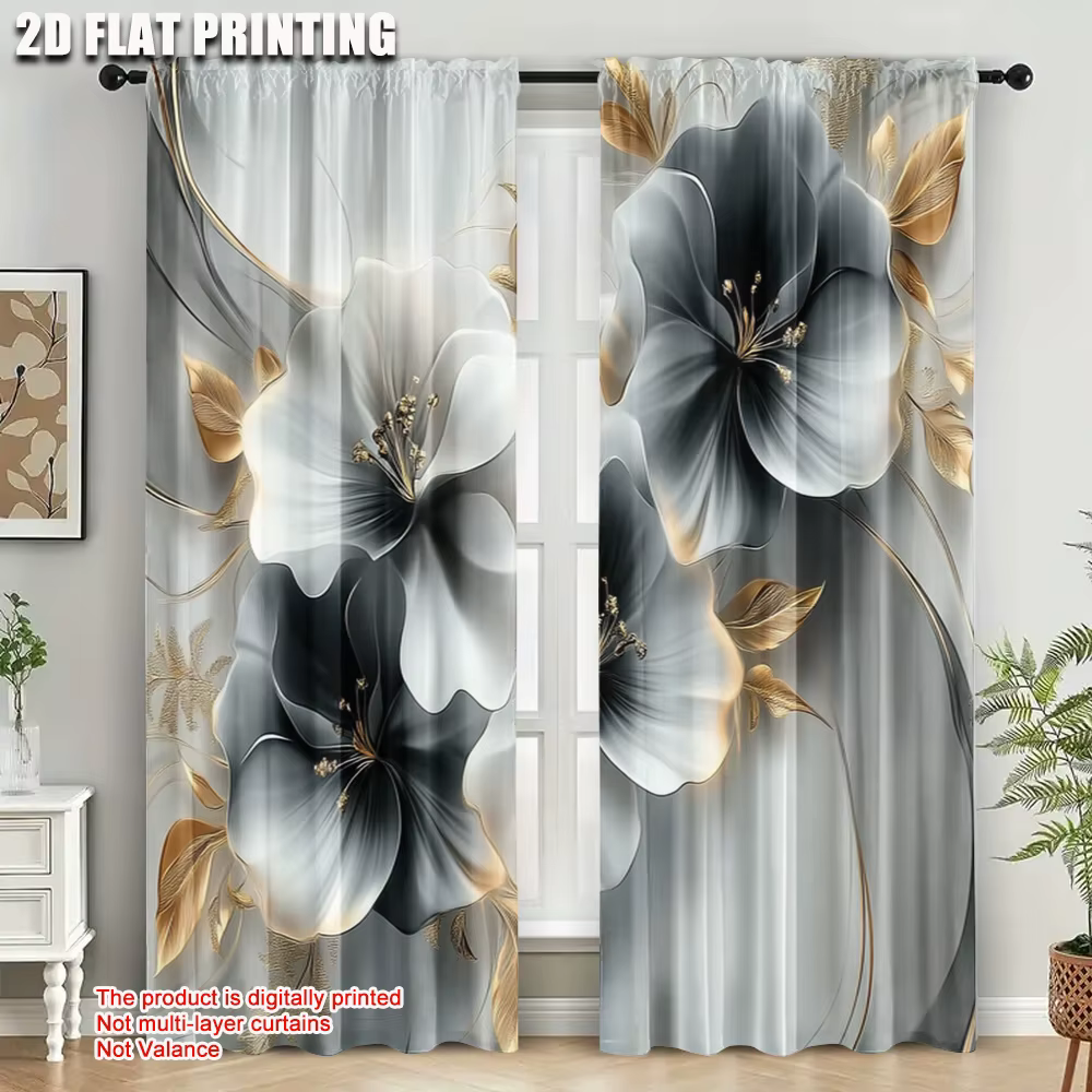 2 pièces, rideaux minimalistes impression 2D polyester polyvalent à fleurs contemporaines (sans tige) dégagement des