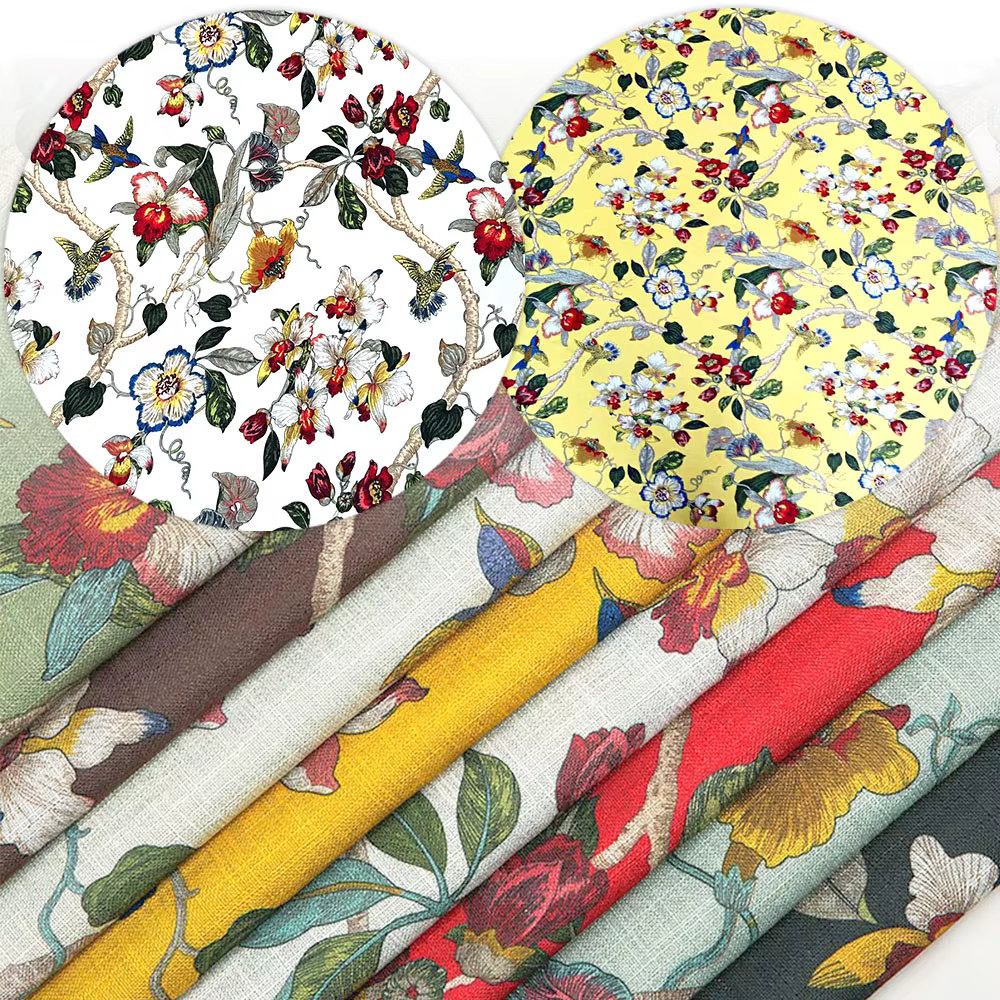 Tissu imprimé classique en lin et coton à motifs floraux et d'oiseaux pour articles doux