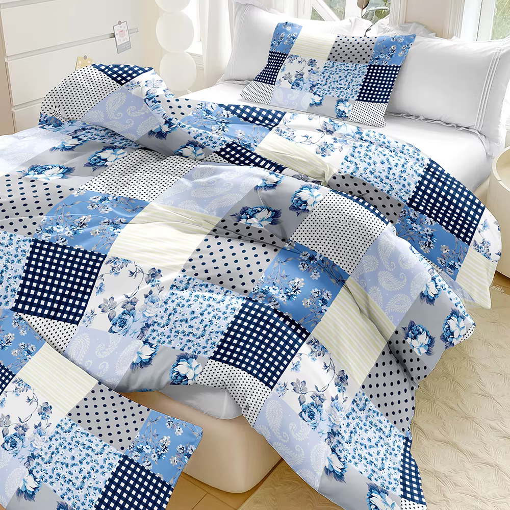 Ensemble de literie floral patchwork bleu frais 3 pièces