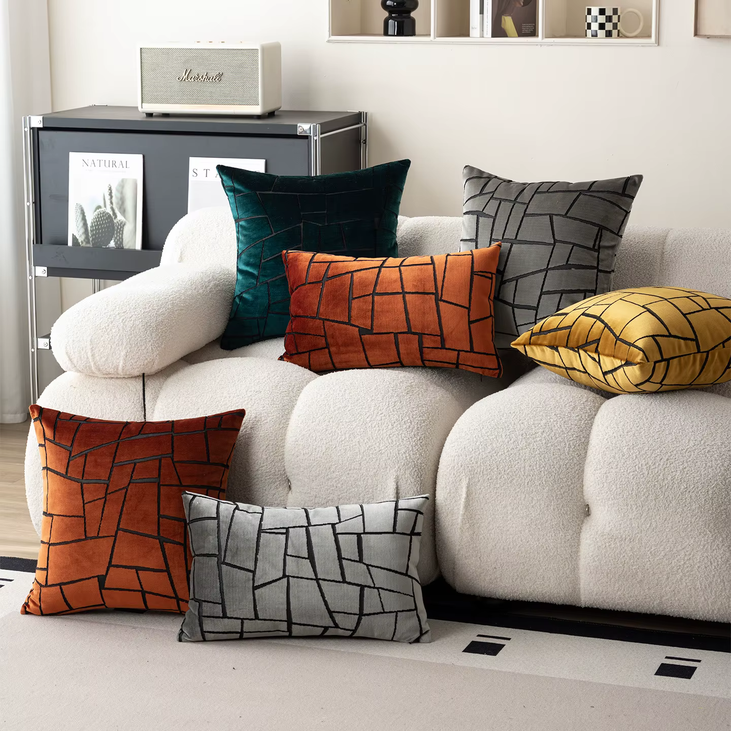 Housse de coussin moderne unie à blocs irréguliers en velours coupé de luxe pour canapé