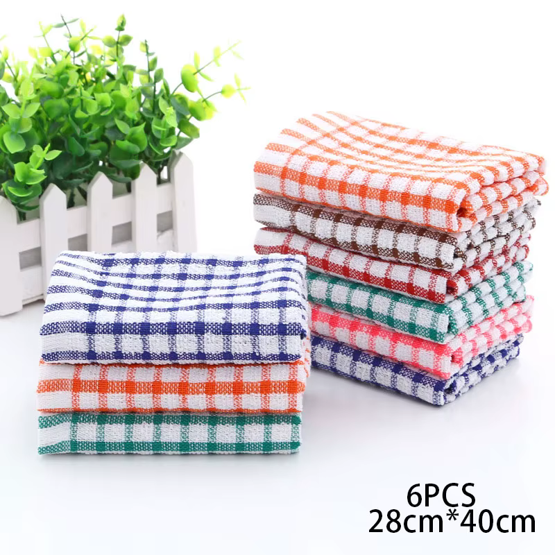 Serviette de Cuisine en Coton Absorbant, 6 Pièces, Jacquard à Carreaux