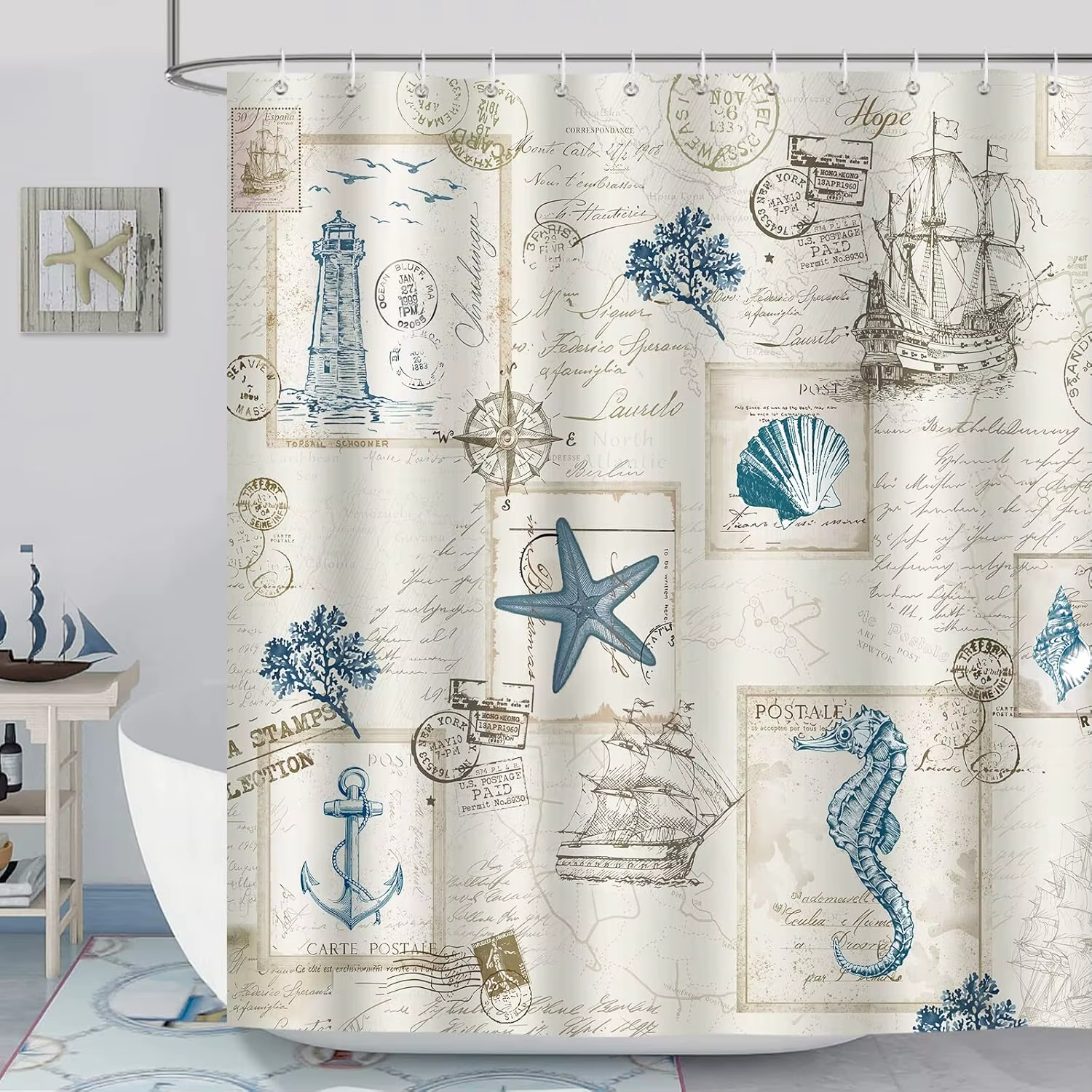 Rideau de douche de voile de phare d'ancre nautique moderne 180x200 cm
