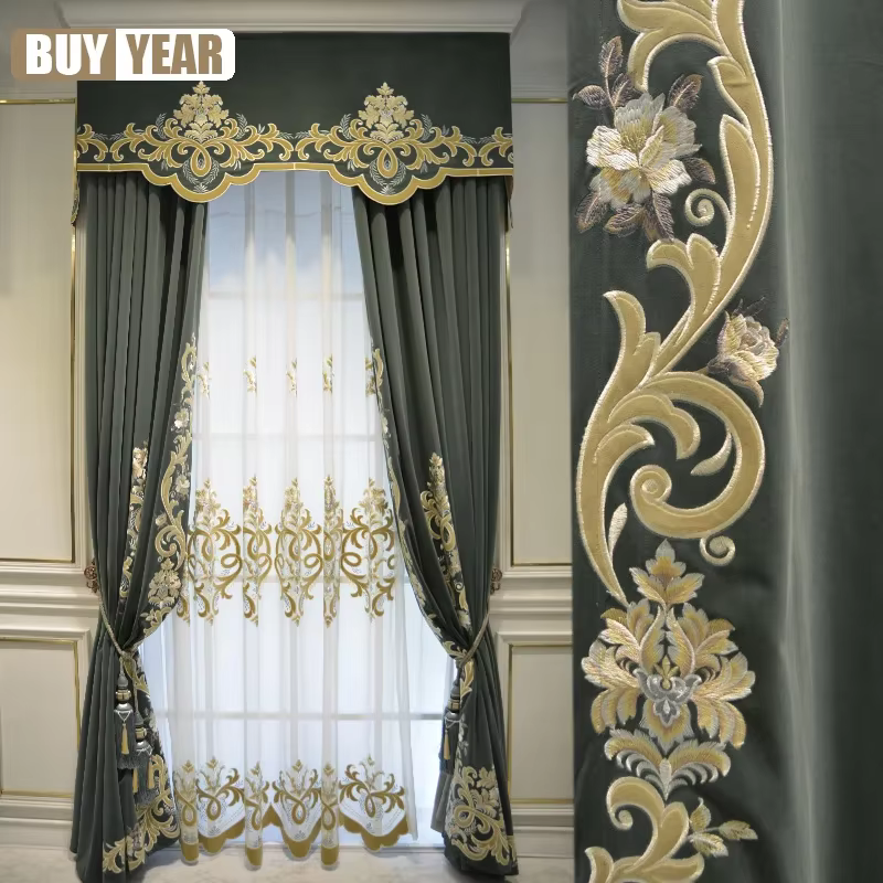 Rideau de luxe européen français en flanelle brodée de fleurs