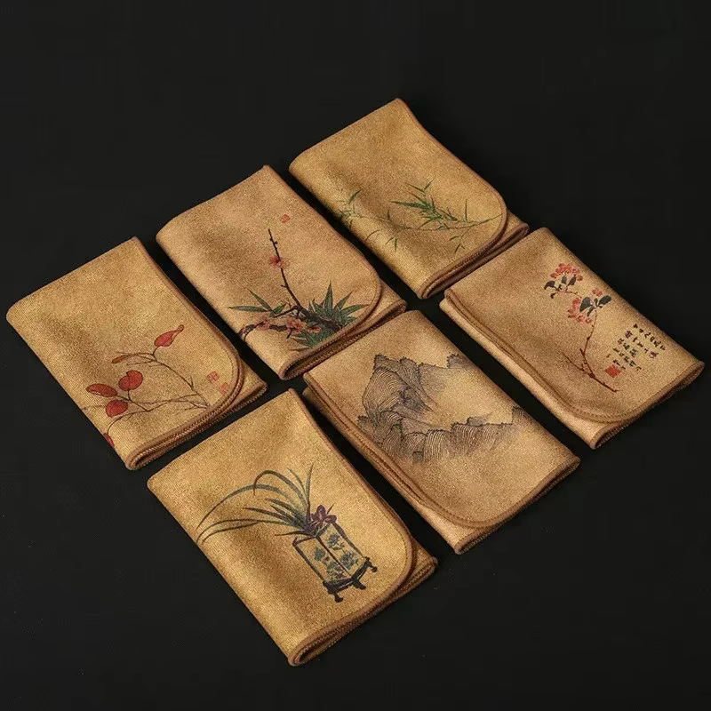 Ensemble de serviettes à thé Zen : tissu absorbant en coton et lin épais peint à la main pour théière