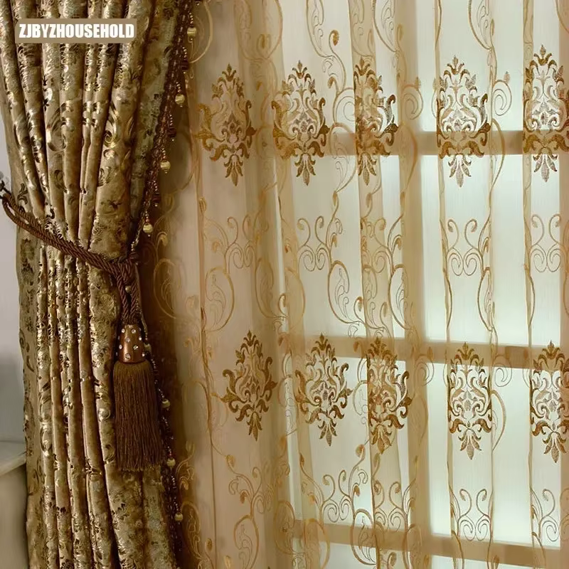 Rideaux dorés de luxe européens pour salon chambre à coucher
