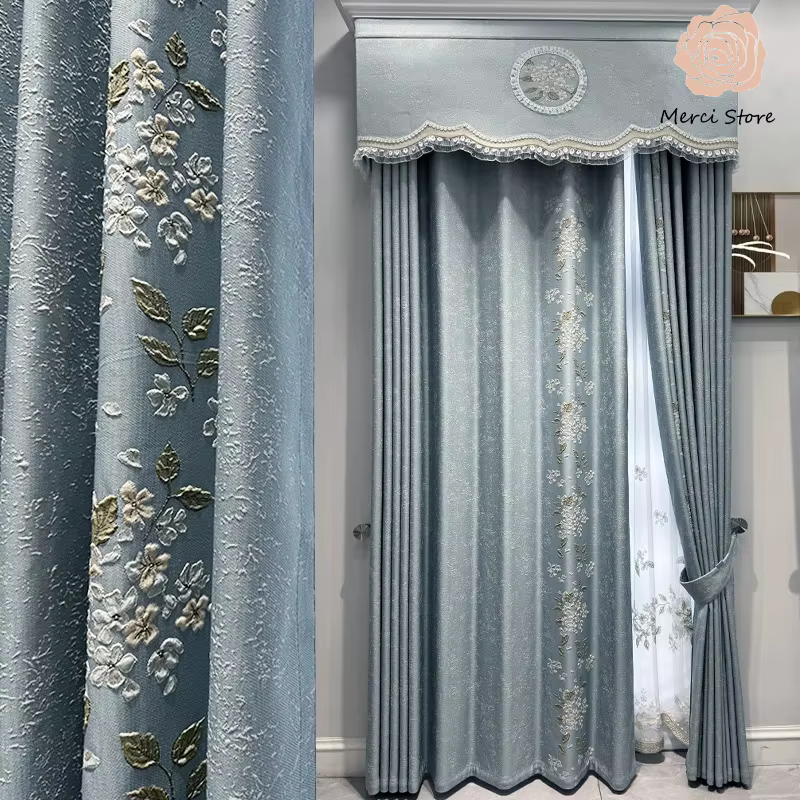 Rideaux de luxe brodés en Relief bleu