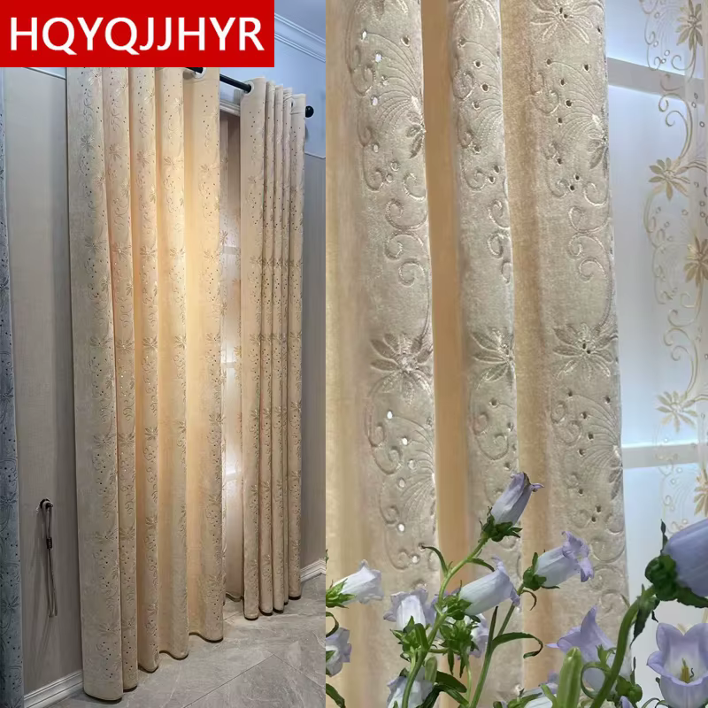 HQYQJJHYR Style européen haute qualité Beige rideaux brodés pour salon étude luxe gris