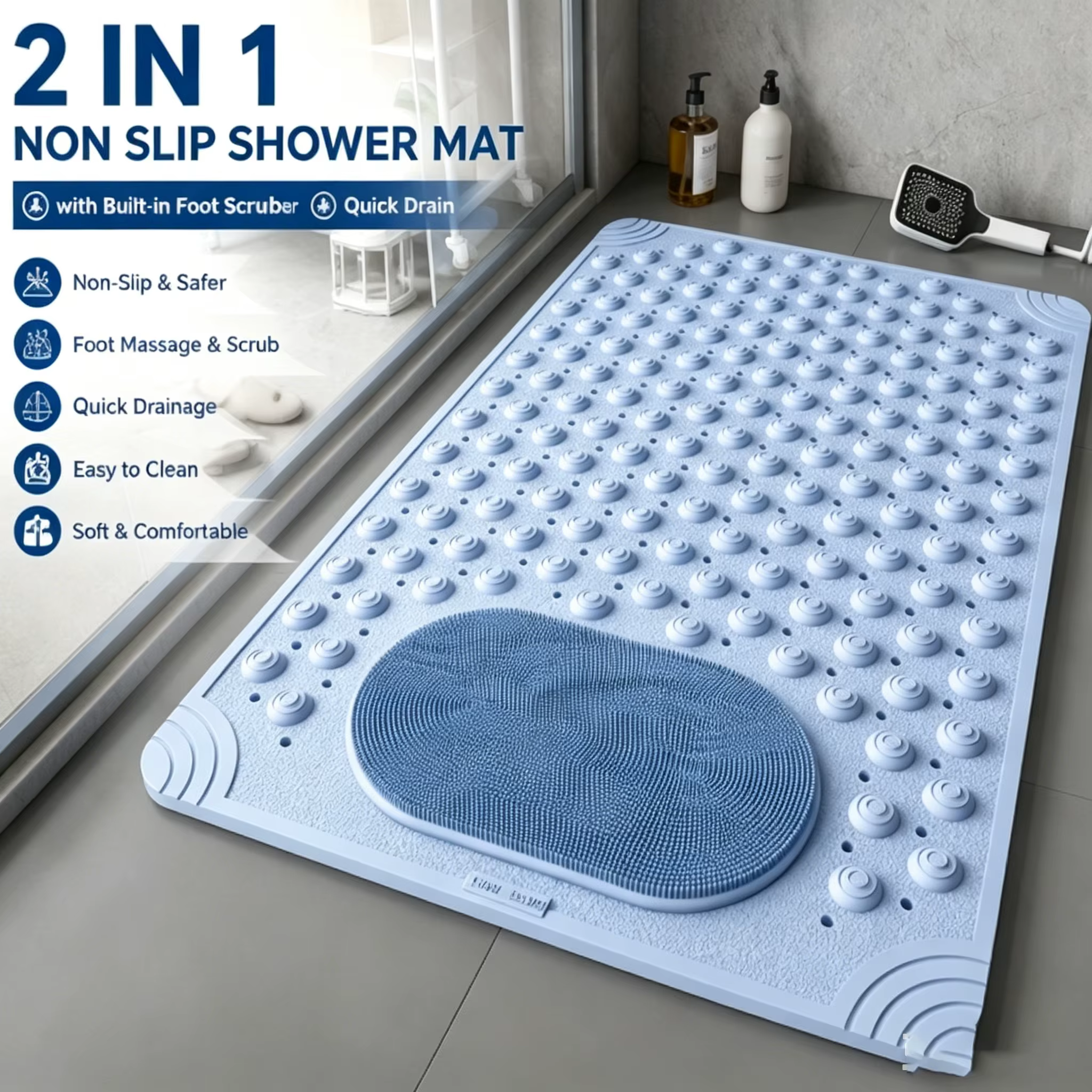 Tapis de douche antidérapant 2-en-1 avec brosse intégrée pour les pieds