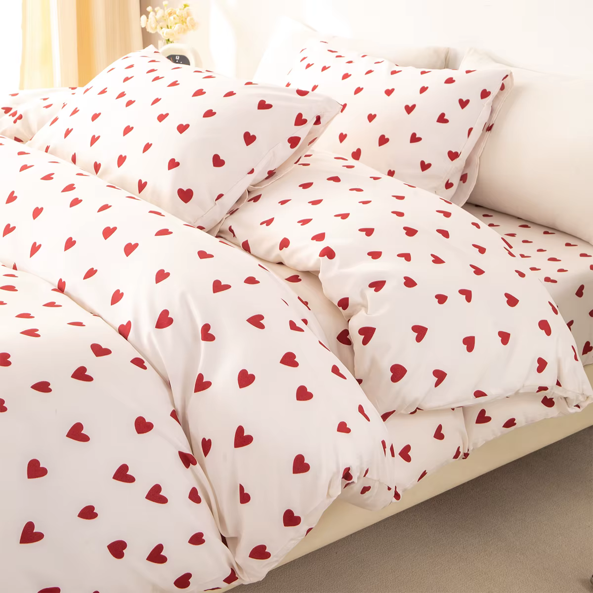 3 pièces/ensemble petit coeur rouge imprimé housse de couette (1