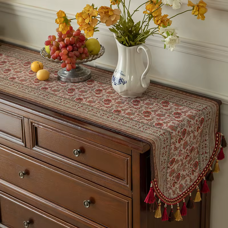 Chemin de table en lin vintage – Décor de cérémonie de thé à pampilles Boho de luxe
