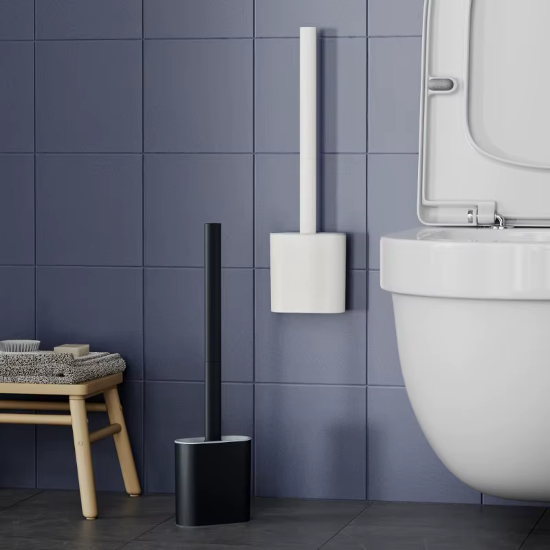Ensemble de brosses de toilette en silicone noir/blanc avec tête plate