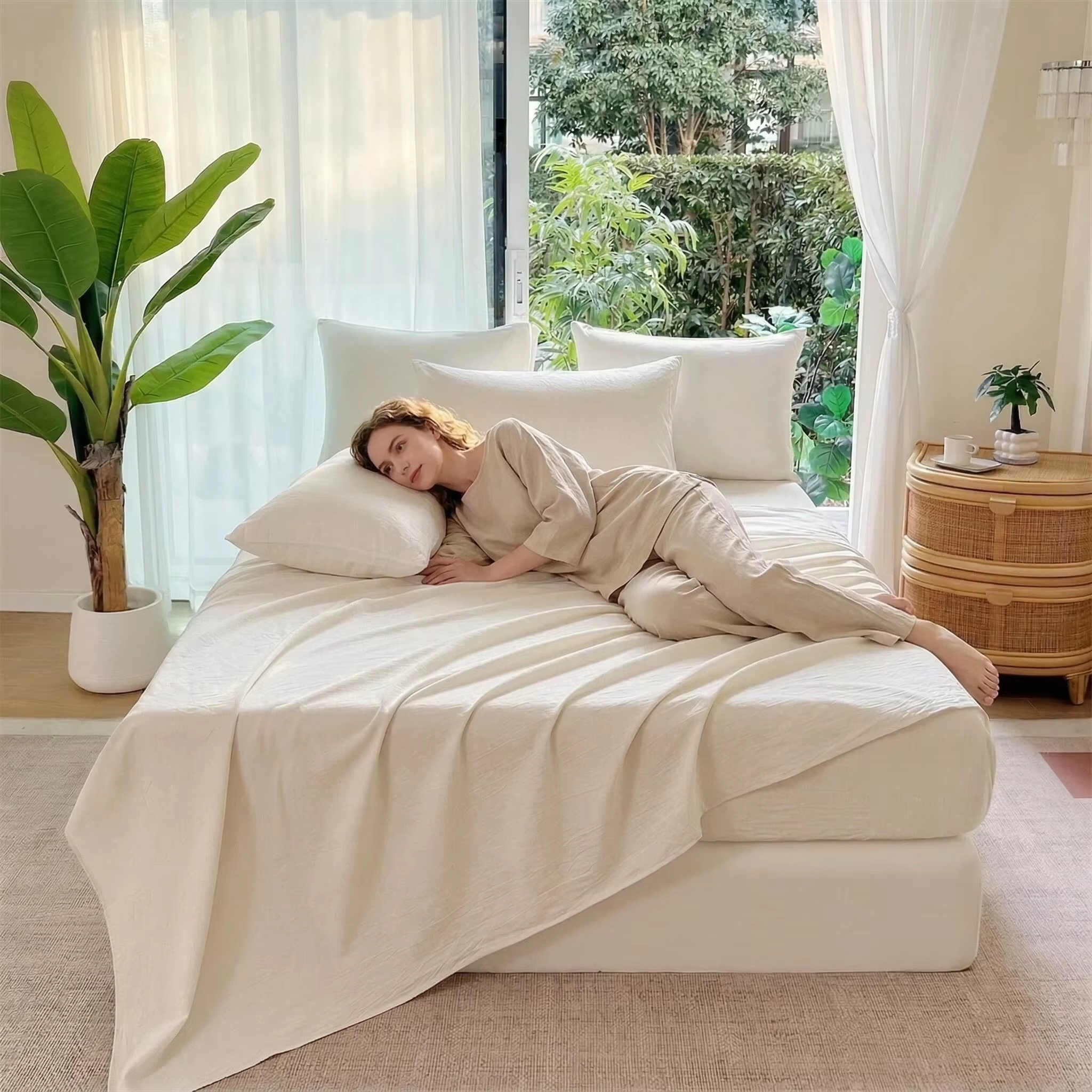 Ensemble de 3 draps en lin (1 drap plat + 1 drap-housse + 1 taie d'oreiller) Convient à toutes les saisons