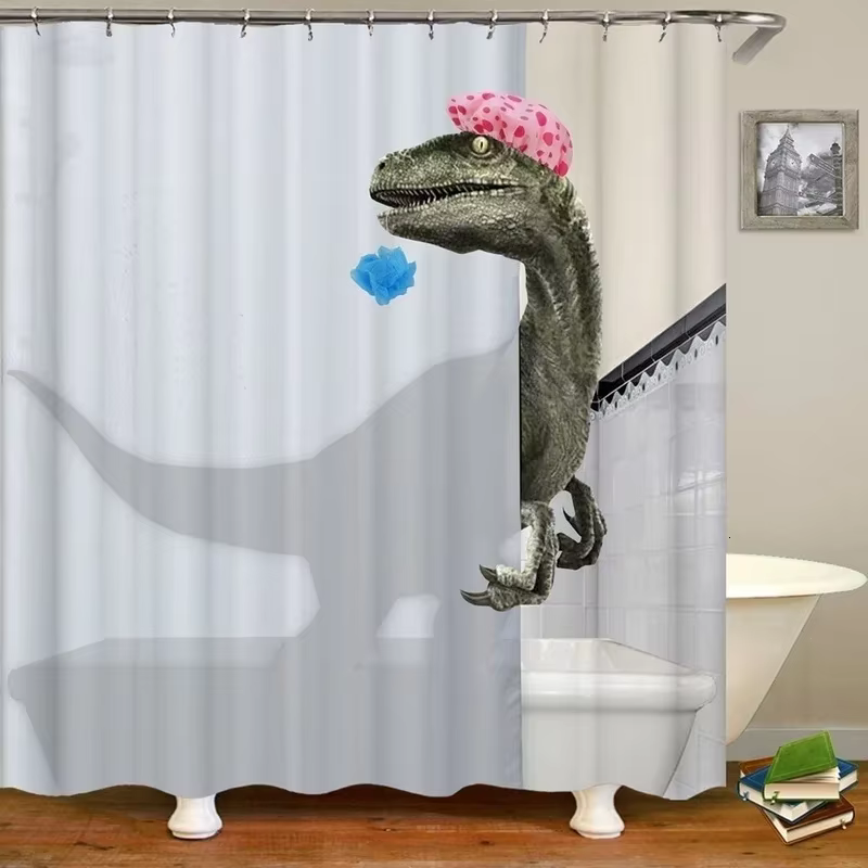 VIKAMA rideaux De douche drôles rideau De salle De bain avec crochets décor imperméable mignon chat dinosaure 3D Cortinas De Ducha