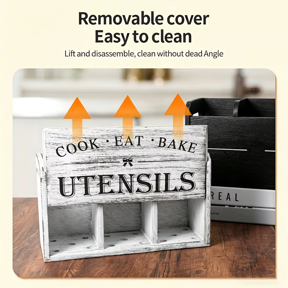 Porte-ustensiles de cuisine en bois rustique - Organisateur à 3 compartiments pour comptoir et mur