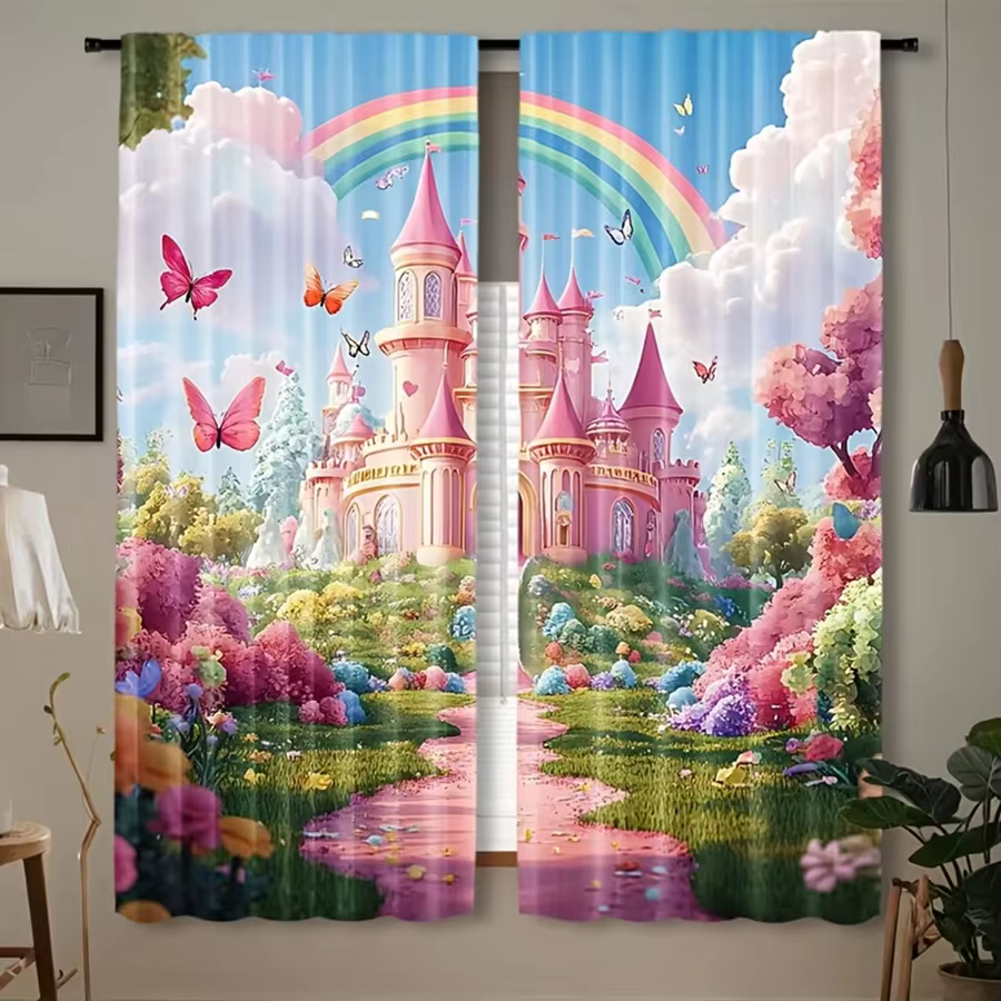 Rideaux multicolores à motif floral de château de conte de fées