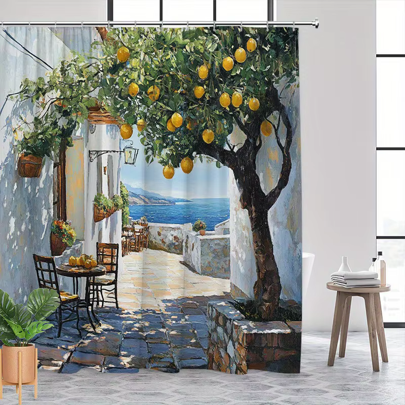 Rideau de douche imperméable avec scène de rue méditerranéenne avec arbre à citron et vue sur l'océan pour un décor de salle de bain élégant