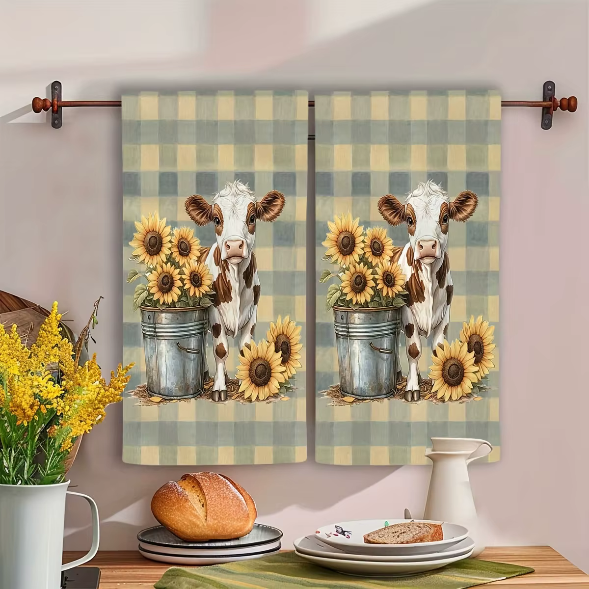 Lot de 2 serviettes de cuisine à carreaux tournesol