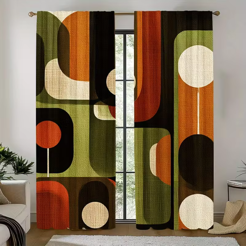 Rideaux abstraits rétro à imprimé géométrique cercle orange et vert pour salon