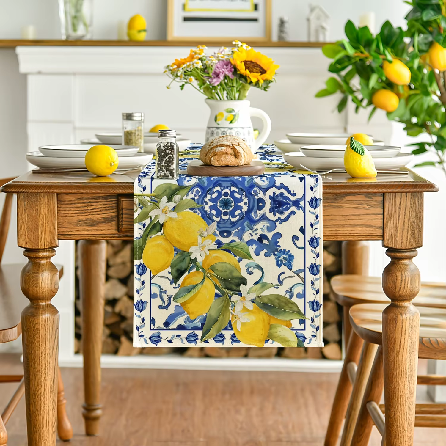 Chemin de table en lin motif citron d'été et carreaux de porcelaine bleus et blancs
