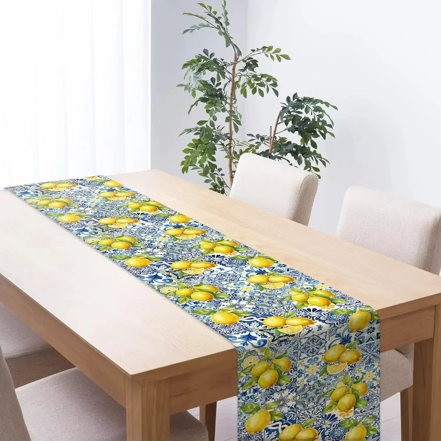 Chemin de Table lavable en lin bleu jaune citron