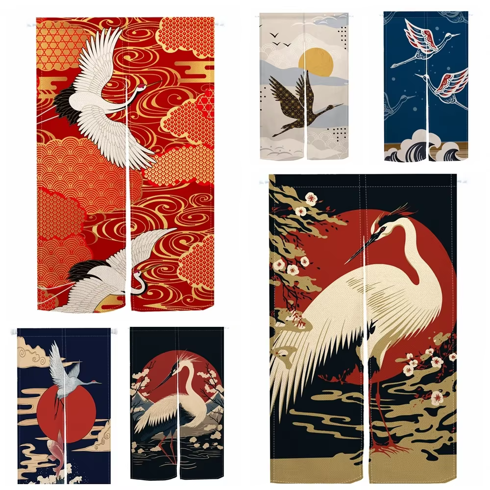 Rideau de porte japonais grue oiseau Hokkaido ukiyo-e cuisine salon cloison salle d'entrée décor occultant demi-rideau