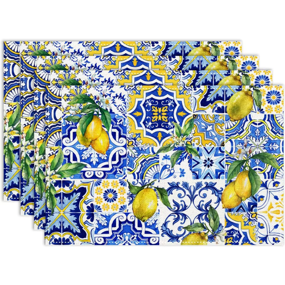 Sets de table en céramique motif citron jaune et bleu