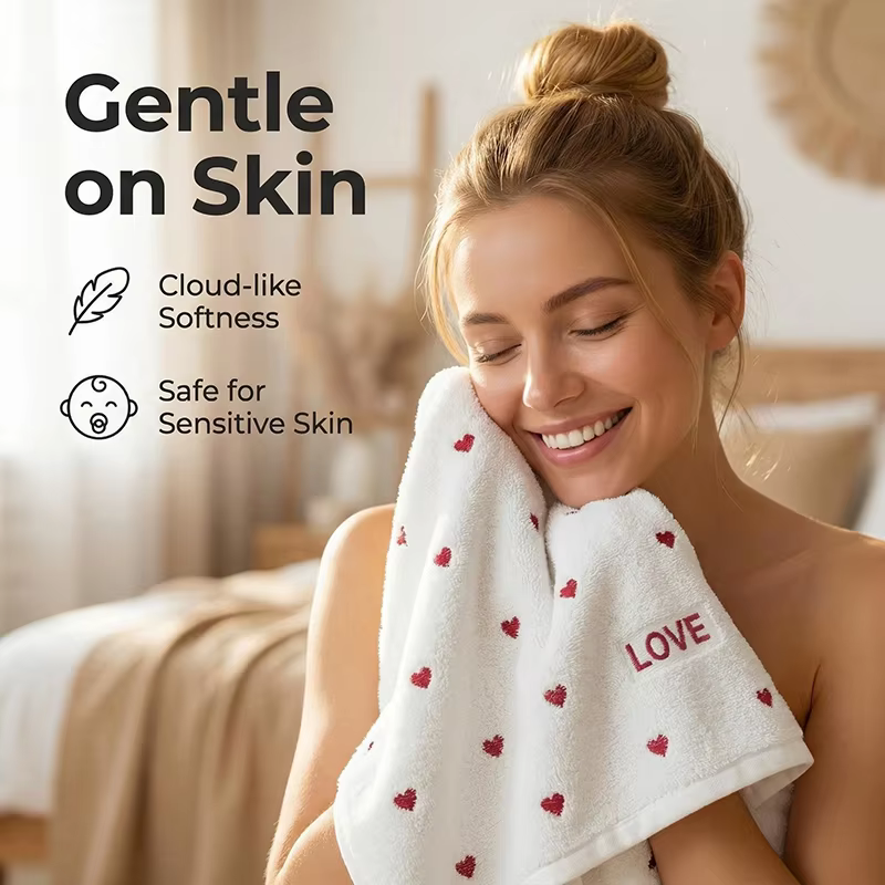 Serviette de toilette douce et absorbante brodée en forme de cœur