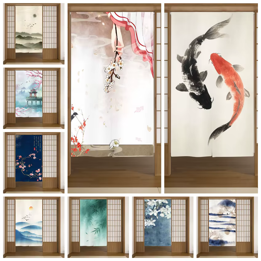 Koi peinture à l'encre paysage lin porte rideaux Noren japonais salon cloison salle de bain entrée suspendus demi