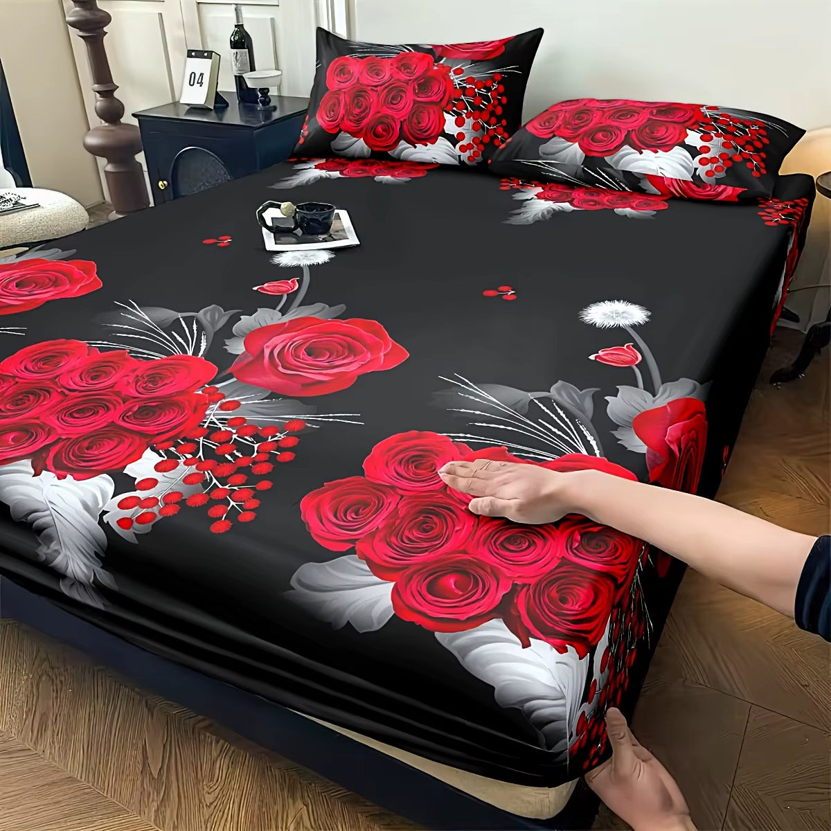 Parure de draps ajustés Rose Rouge Romantique - Literie douce et agréable pour la peau