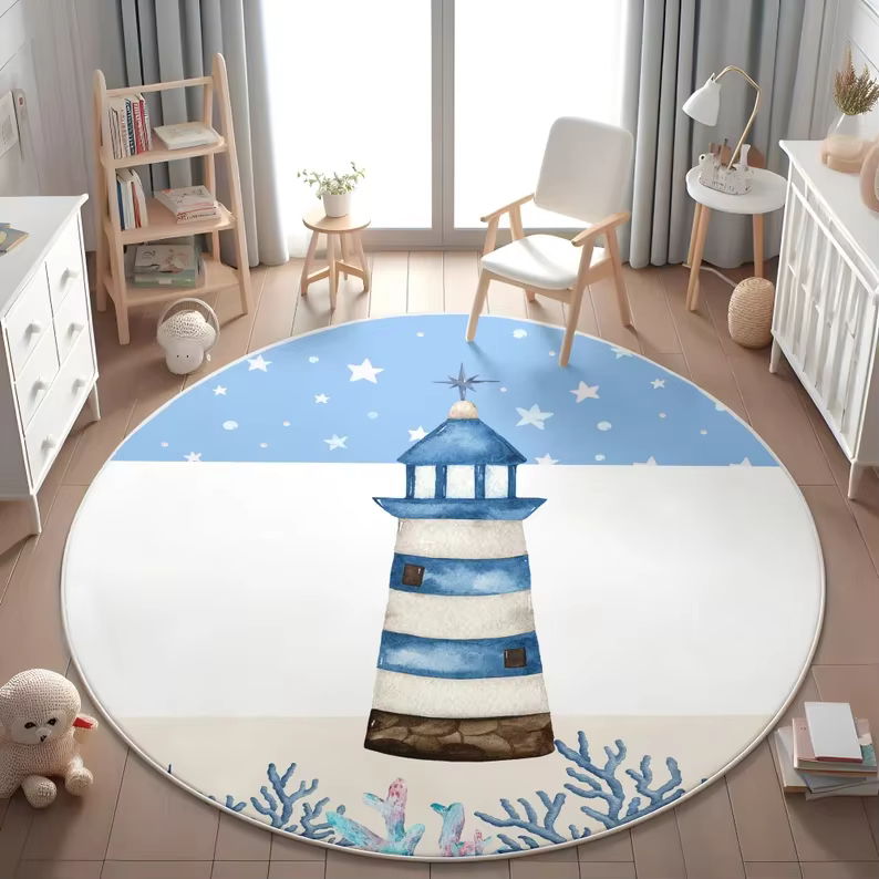 Tapis rond rose motif château nuage arc-en-ciel pour chambre