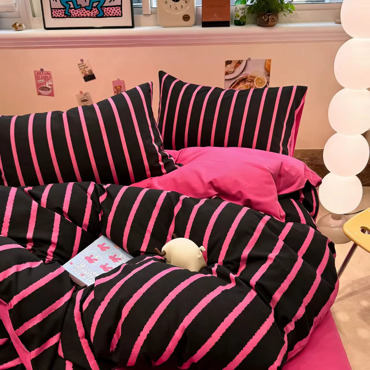 Ensemble de housse de couette noir/rose vif