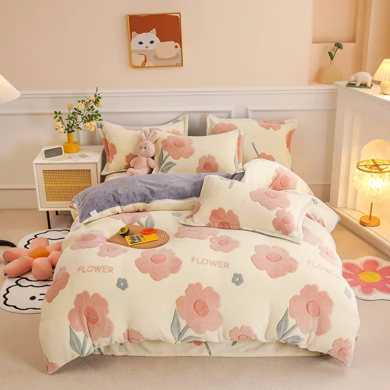 Housse de couette en molleton épais et chaud en flanelle corail