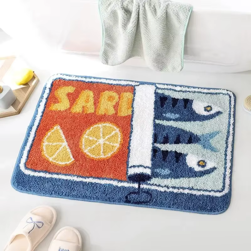 Tapis de bienvenue antidérapant en forme de boîte de conserve de sardines orange et bleue pour une décoration mignonne de cuisine et de maison