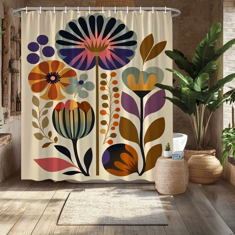 Rideau de douche moderne du milieu du siècle – Art floral abstrait aux couleurs vives