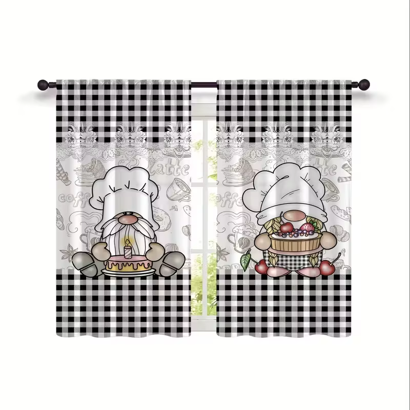 Rideaux de cuisine 2 pièces - Imprimé écossais noir et blanc pour la décoration