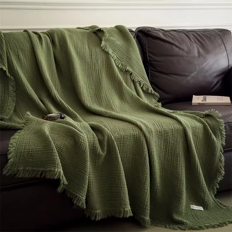 Couverture tricotée en gaze à six couches de coton pur à franges de classe