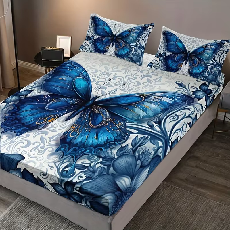 Ensemble de Drap-Juste Floral Papillon Bleu